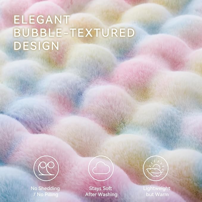 Faux Rabbit Fur Throw for Couch - Rainbow Bubble Blanket 50"x60" | Fluffy Plush Fuzzy Colorful Throw for Sofa & Bed, Super Soft Cozy Comfrt Blanket, Luxury Rainbow Decor Gift for Women