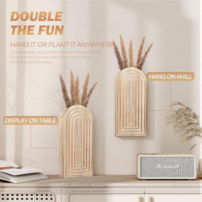 EOSAHR Wall Vase: Wall Planter for Bathroom Decor Aesthetic, Natural Wood | 2Pcs Bathroom Set, Pine Wood, Wall Plant Holder for Home Decor, Boho Wall Art for Living Room, Farmhouse Decor