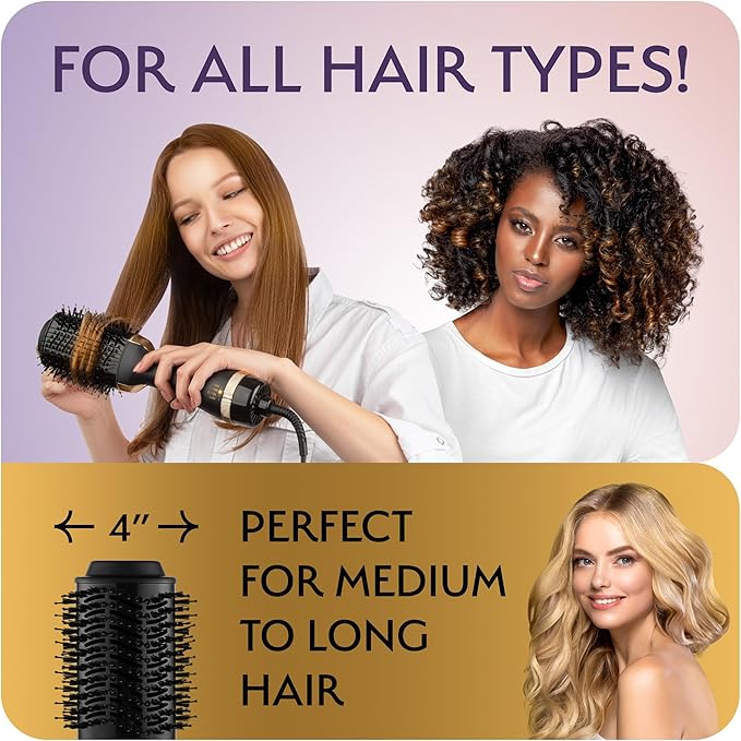 Professional Blowout Hair Dryer Brush, Black Gold Dryer and Volumizer, Hot Air Brush for Women, 75MM Oval Shape (Black Gold)