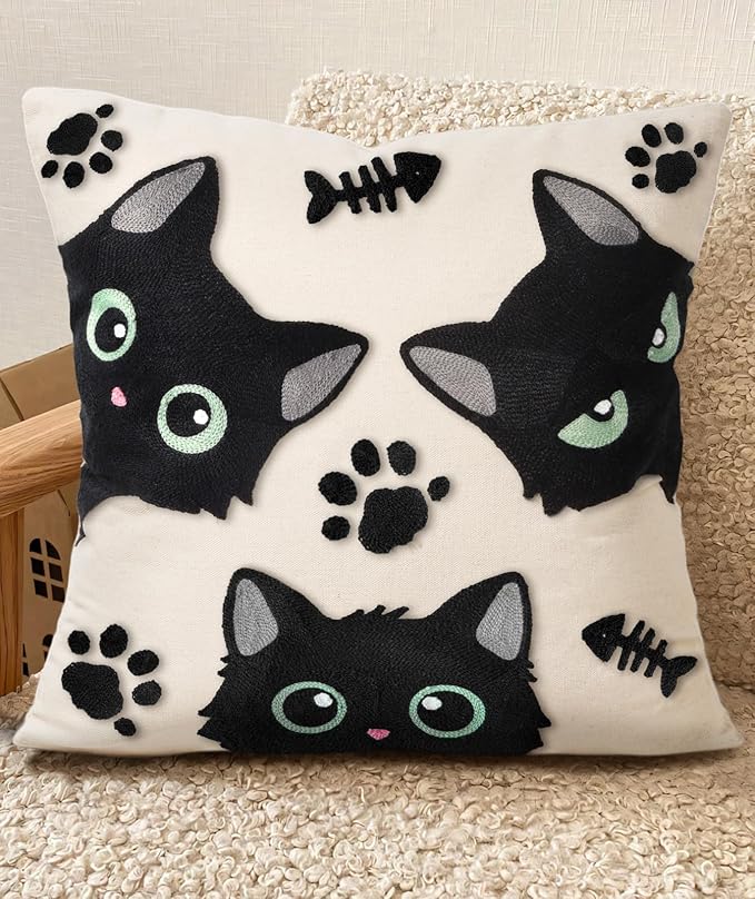 Embroidered Throw Pillow Cover 18x18 Inch, Cat Bone | Decorative Pillow Cover, Whimsical Cushion Case with Hidden Zipper, Cottagecore Decor for Couch, Sofa, Living Room, Bedroom