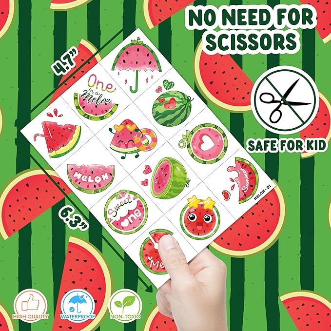 96PCS Watermelon Pre-Cut Temporary Tattoos for Kids | Super Cute Themed Birthday Party Favors, Supplies, Decorations, Funny Fruit Fake Tattoo Stickers, School Rewards Prizes & Gifts For Boys & Girls