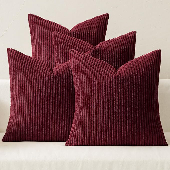 MIULEE Soft Corduroy Decorative Throw Pillow Covers Burgundy 18x18 | Set of 4, Mordern Nordic Christmas Decor, All Same Color Set, Boho Farmhouse Cushion Covers for Couch Bed Sofa Living Room