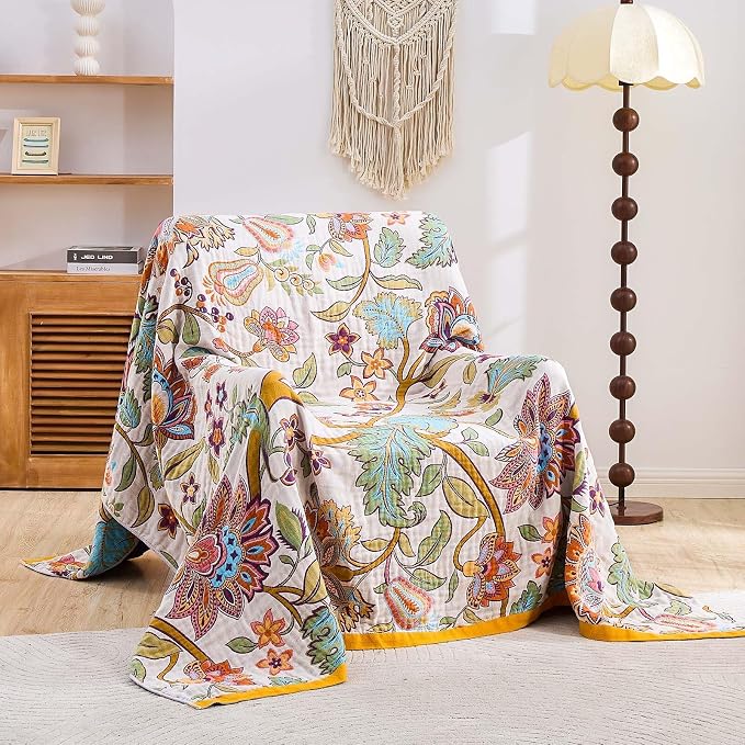 XIBLC Boho Throw Blanket for Bed, 100% Cotton Soft Rustic Quilt Fall Blanket, 80"x90" Floral Printed Farmhouse Decor Bed Blankets, All Season Rustic Reversible Bohemian Throw Quilt