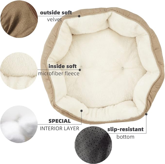 Small Dog Bed for Small Dogs, Cat Beds for Indoor Cats, Pet Bed for Puppy and Kitty, Extra Soft & Machine Washable with Anti-Slip & Water-Resistant Oxford Bottom, Light Brown, 20 inches