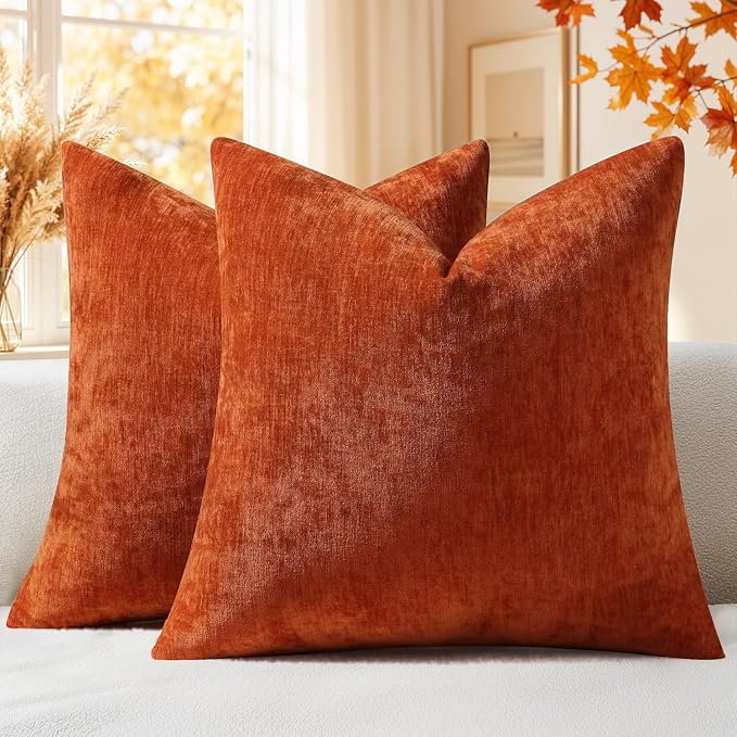 decorUhome Soft Chenille Rust Throw Pillow Covers 18X18 Set of 2 | Decorative Fall Couch Pillow Covers Solid Dyed Accent Modern Farmhouse Neutral Square Pillow Cases for Sofa