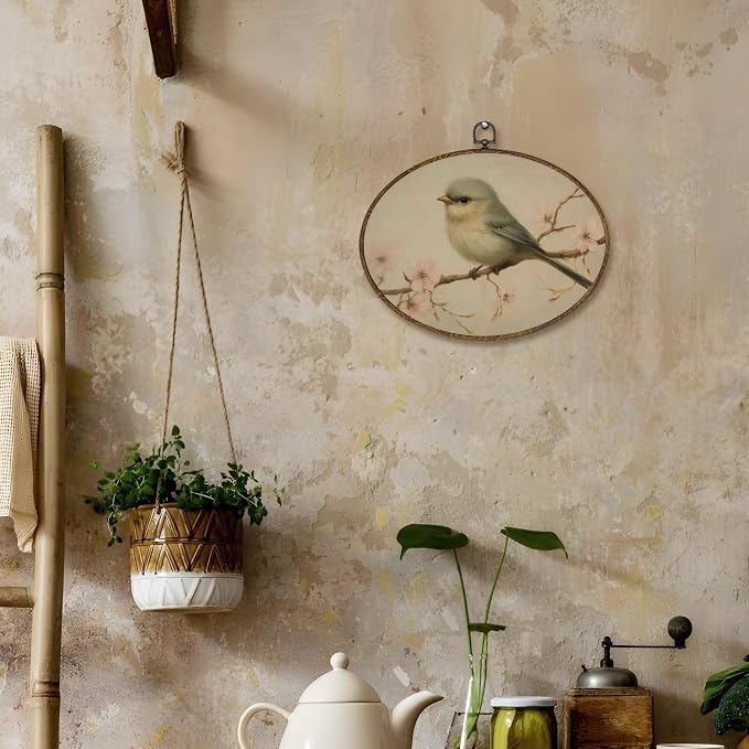LKETW Vintage Bird Oval Wall Art Decor, Rustic Farmhouse Oval Canvas Hanging Decor, Cottagecore Country Floral Bird Wall Decorations for Home Bedroom Living Room, 8.6x11.4 Inch