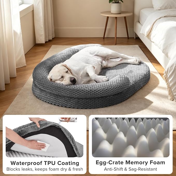 JOEJOY XXL Orthopedic Dog Beds, Extra Large Washable Waterproof Oval Dog Bed with with Removable Cover, Egg-Crate Memory Foam Pet Bed with Bolster Sides & Non-Skid Bottom, Dark Grey, 48''x35''
