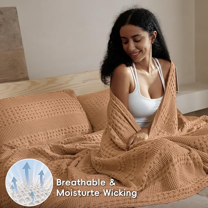PHF 100% Cotton Waffle Blanket Twin Size, Lightweight Breathable Summer Blanket for Hot Sleepers, Pre-Washed Soft Layer for Bed, Dorm, Couch & Guest Room, Home Decor Gift, 66"x90", Clay