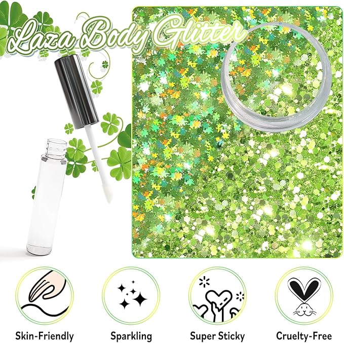 Laza 2 Jars St. Patrick’s Day Body Glitter Iridescent Chunky Sequins with Glitter Glue Women Eyeshadow Makeup Face Paint Festival Rave Outfits Hair Accessories Carnival Brat Party Costumes-Lime Summer