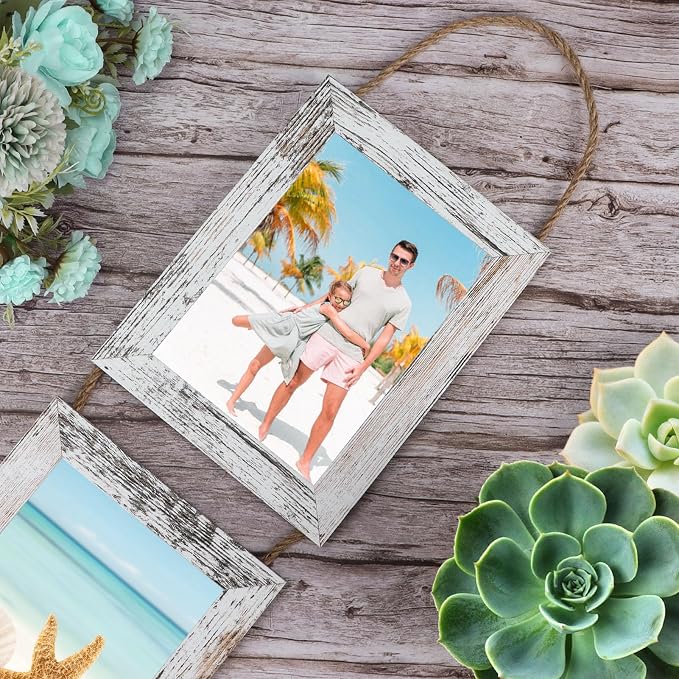 QUTREY 5x7 Collage Picture Frames, 6 Openings Hanging Photo Frame Set Display Vertical 5 by 7 inch Pictures for Wall Decor, Distressed White, 2 Pack