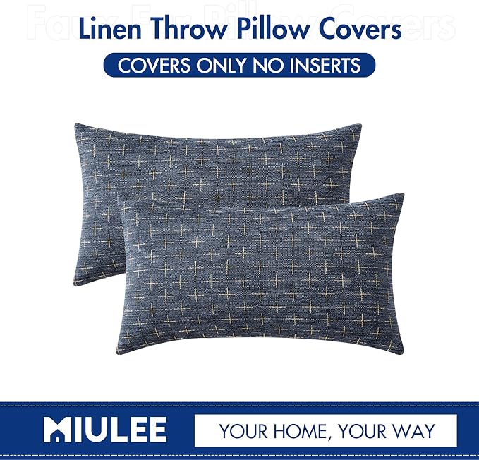 MIULEE Pack of 2 Decorative Burlap Linen Throw Pillow Covers Modern Farmhouse Vintage Pillowcase Rustic Woven Textured Cushion Cover for Sofa Couch Bed 12x20 Inch Blue
