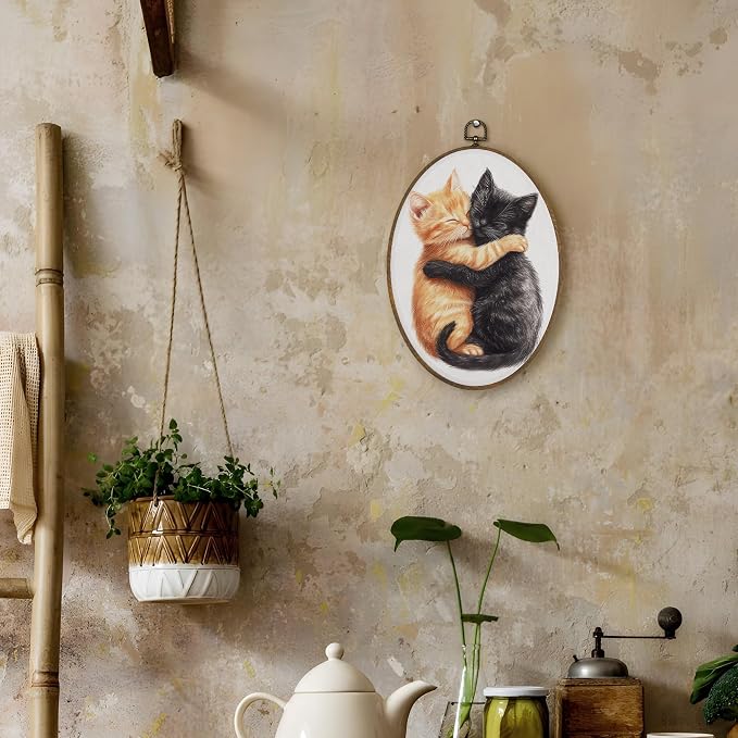 LKETW Orange and Black Cat Oval Wall Art Decor, Cute Tabby Cat Hugging Oval Canvas Hanging Decor, Kitten Wall Decorations for Home Bedroom Living Room Bathroom Office, 8.6x11.4 Inch