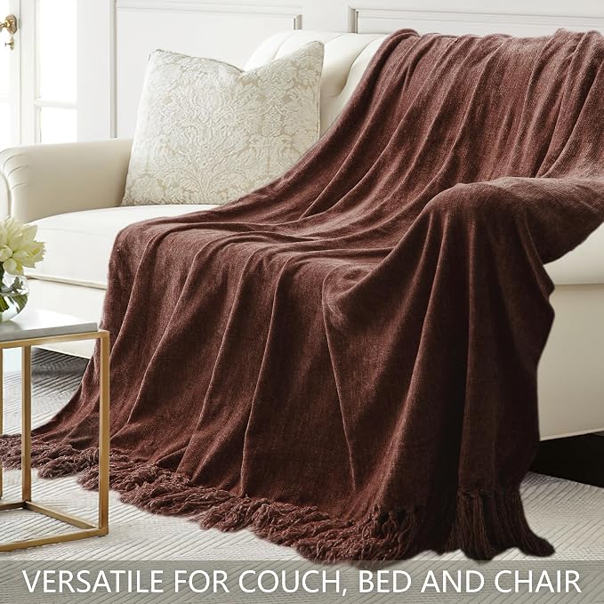Chenille Throw Blanket for Couch 60" x 80" Twin, Dark Brown | Soft Cozy Warm Throws with Fringe Tassel Living Room Bed Sofa Chair Cover, Lightweight Knitted Boho Blankets Fall Decor