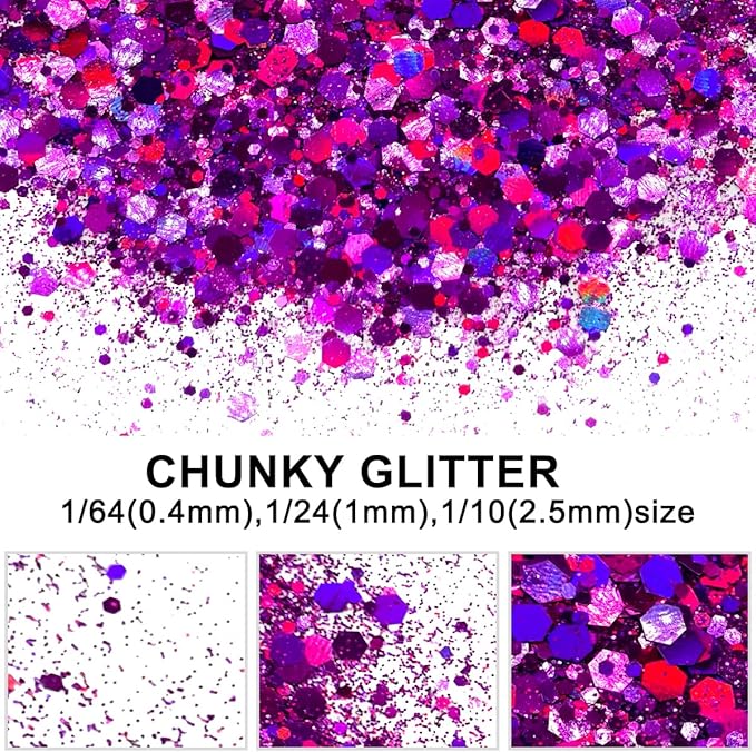 Purple - Craft Glitter - 2oz Glitter Shaker Bright Colorful Holographic Mix Chunky Body Glitter Bulk Wholesale 24 Colors in Shaker Cosmetic Glitter - EBLB800