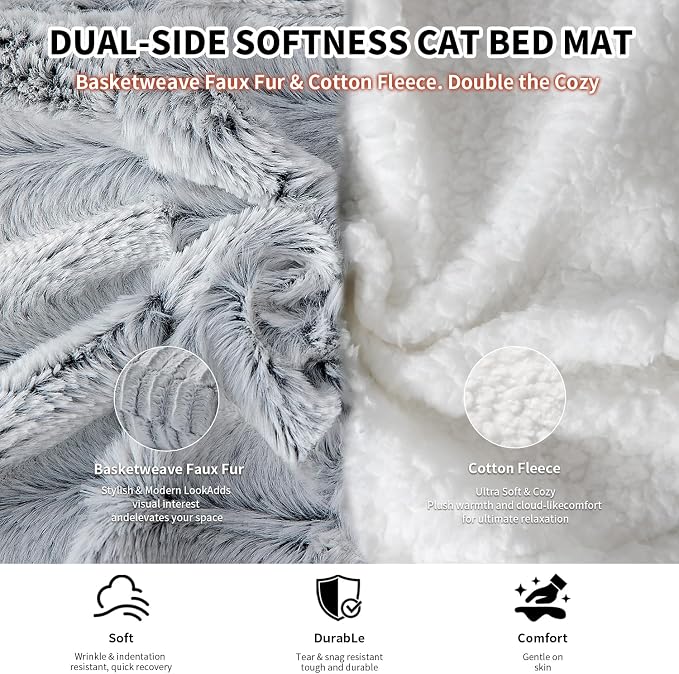 Self Warming Cat Bed for Indoor Cats, Soft Faux Rabbit Fur Mat | 23.6"x15.7", Faux Rabbit Fur with Ridged Chenille, Silent Crinkle-Free, Double-Sided Cozy, Non-Slip Bottom, Machine Washable