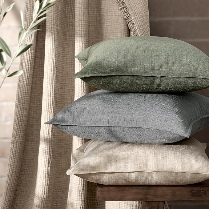 MIULEE Thick Textured Euro Sham Throw Pillow Covers 26x26 Inch Olive Green | Set of 2, Decorative Linen Blend Pillow Cover, Flange Edge Design, Farmhouse Modern Boho Style, Bed Couch Living Room Decor
