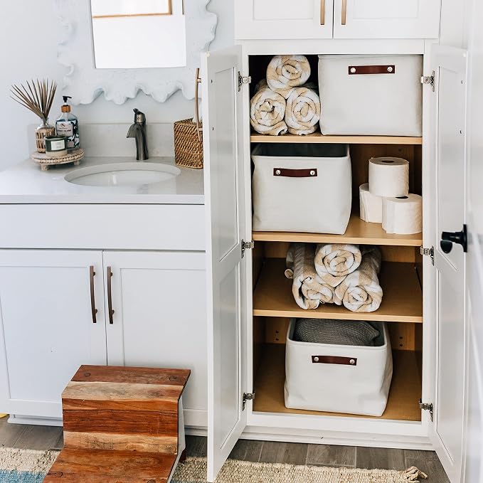 OrganiHaus 16x12.5in Storage Baskets, 3 Pack - Fabric Bins for Shelves | Vegan leather handles; a decorative linen closet organizer, towel and clothes container