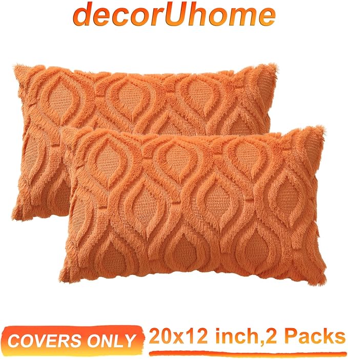 decorUhome Faux Fur Plush Soft Orange Throw Pillow Covers 12x20 Set of 2 | Plush Solid Fall Couch Pillow Covers, Accent Modern Farmhouse Neutral Decorative Square Pillow Cases for Sofa Bed Living Room