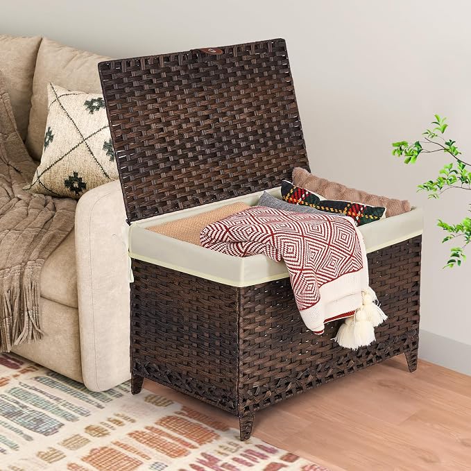 Wicker Storage Basket with Lid, 200L Storage Bin with Removable Liner Bag | Rattan-Inspired Shelf Basket Design, Storage Trunk with Heightened Feet, Wardrobe Storage Container & Home Organizer