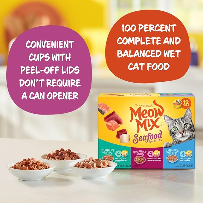 Meow Mix Seafood Favorites Chunks in Gravy Wet Cat Food Variety Pack, 2.75 Ounce (Pack of 48)