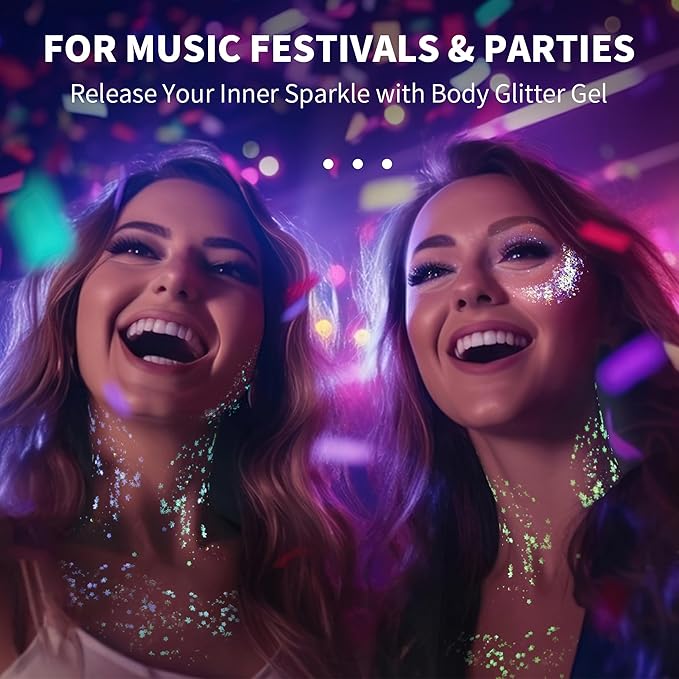 Glow in The Dark Body Face Glitter Gel for Women, 12 Colors Glitter Gel Makeup Chunky Fine Glitter, UV Black Light Accessories for Body/Face/Hair/Eyeshadow, Carnival Party(Not Loose Glitter)
