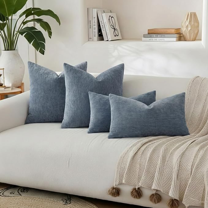 decorUhome Soft Chenille Haze Blue Throw Pillow Covers 26X26 Set of 2 | Decorative Fall Couch Pillow Covers Solid Dyed Accent Modern Euro Sham Farmhouse Neutral Square Pillow Cases for Sofa