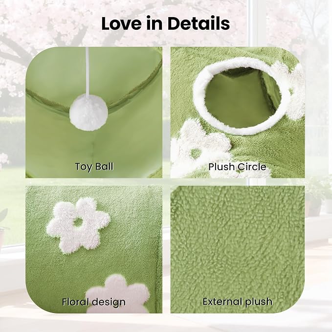 Tempcore Cat Tunnel, 3-Way Collapsible Toy for Indoor Cats, Daisy Green