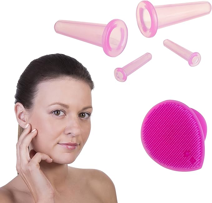 Face Cupping Set - Cupping Therapy Sets - Facial Cupping System - Silicone Massage Cups - Double Chin Reducer - Cupping for Cellulite Kit - Ideal to Shape Your Cheeks and Chin - by Sandine (Pink)