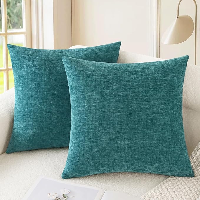 CaliTime Decorative Couch Throw Pillow Covers 20 X 20 Inches Teal | Pack of 2, Cozy Chenille Cushion Cases for Sofa Bed Living Room Farmhouse Home