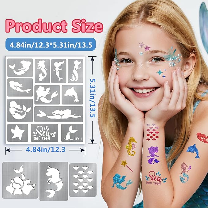 Yazhiji 167PCS Mermaid Temporary Tattoo Stencils, Face and Body Paint Stencils, Girl Boy Glitter Tattoos Pack for Kids School Show Birthdays Mermaid Christmas Party Favor Supplies