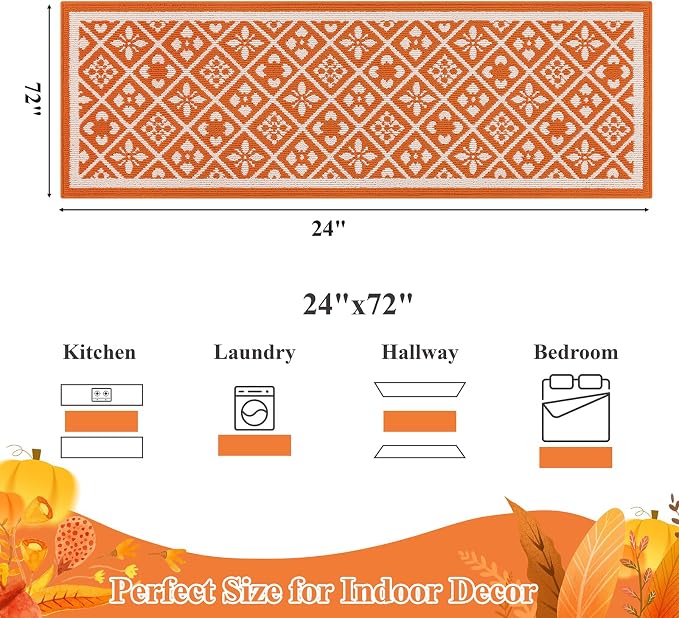 Ileading Fall Hallway Runner Rug Washable Orange Autumn Kitchen Mat 2x6 ft