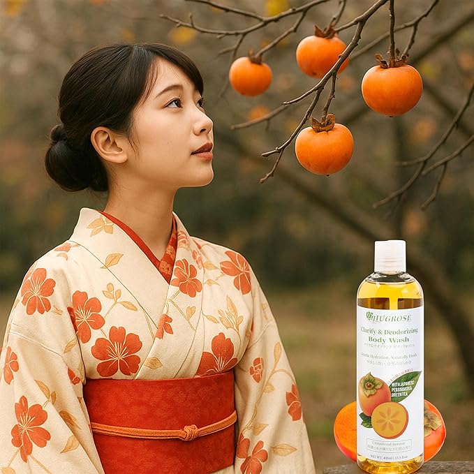 Persimmon Body Wash with Japanese-Grown Persimmon Extract, Citrus-Woody Scent, Ideal for Sensitive Skin, Large Volume 13.5 oz, Bath Gel for All Ages & Skin Types