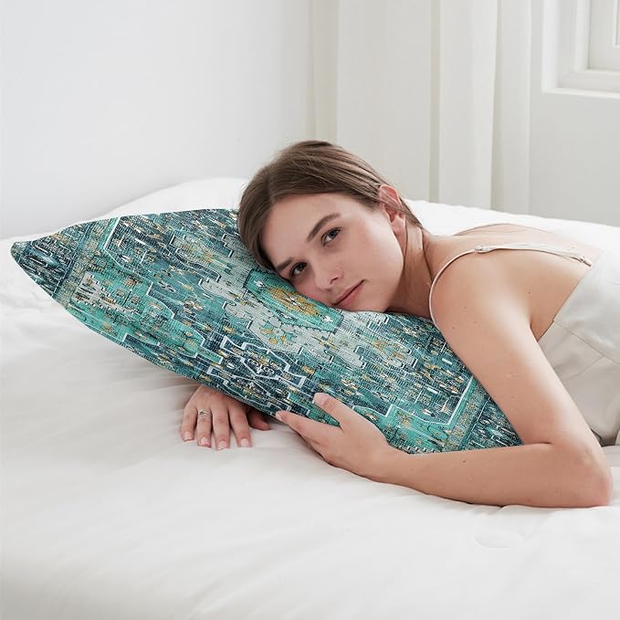 Boho Throw Pillow Covers 12x20 inch Set of 2,Soft Pillowcases Bohemia Carpet Printing Pattern Decorative Sofa Living Room Bed Rectangle Pillow Case Cushion Cover-Cyan