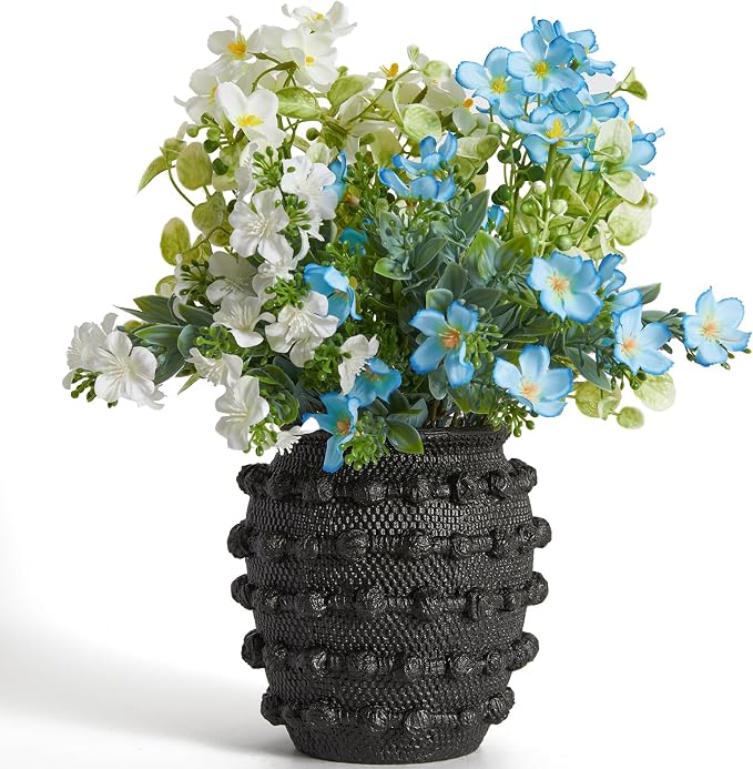 DN DECONATION Black Rustic Farmhouse Vase, 6.3" Flower Vase for Home Decor | Textured Boho Vase, Cement Decorative Flower Vases with Rope Knots for Living Room, Table Centerpiece, Shelf, Mantel Decor