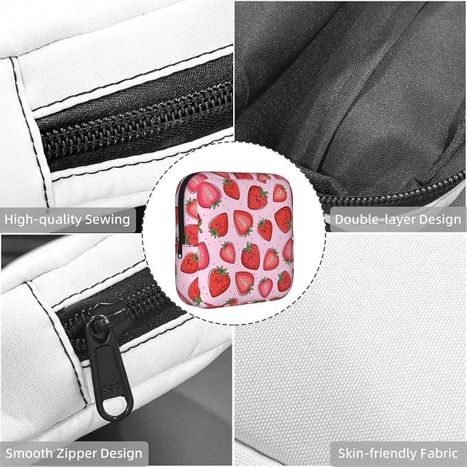 Kawaii Cute Pink Strawberry Strawberries Period Bag For Women,Portable Sanitary Napkin Period Pad Pouch For Purse, Small Make Up Bags
