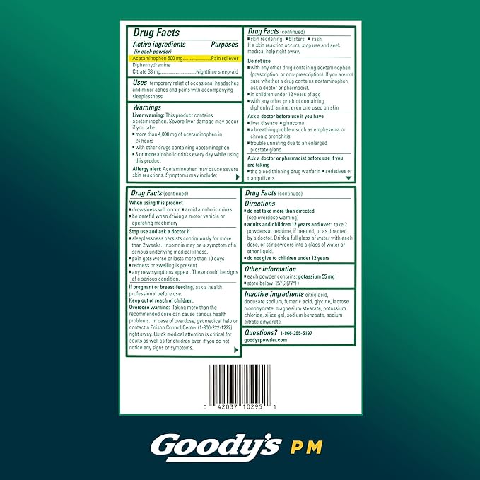 Goody's Nighttime Powder, Pain Reliever & Sleep Aid with Acetaminophen & Diphenhydramine Citrate, Caffeine Free, 6 Count, Pack of 12