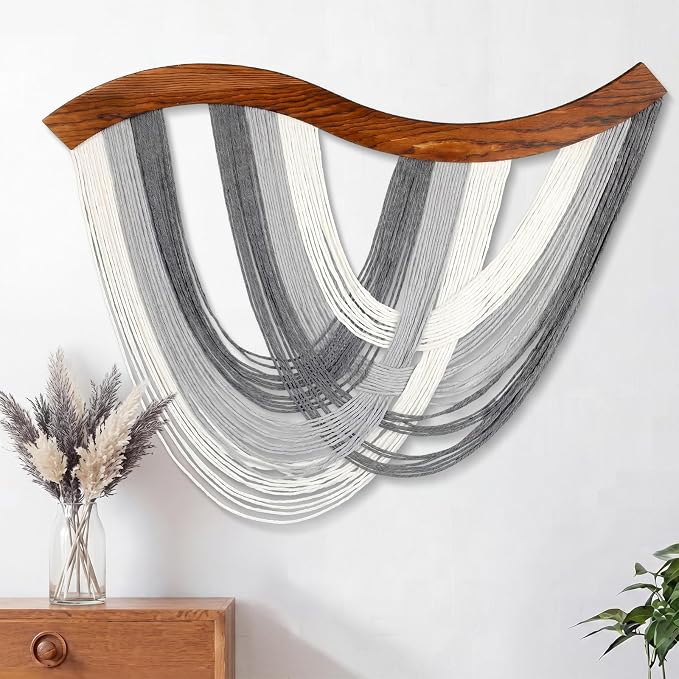 Neutral Grey Macrame Wall Hanging Dip Dyed Yarn Wall Art, Modern Boho Decor | Handmade Cotton Rope Tapestry for Bedroom, Living Room, Nursery, 31.5 x 23.6 Inch