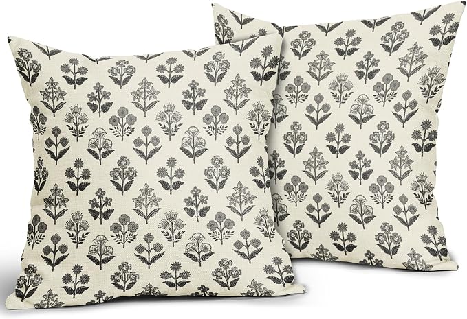 Black Grey Gray Block Print Pillow Covers 20x20 Inch Set of 2, Vintage Floral Decorative Throw Pillow Cases Boho Cushion Covers Rustic Decoration Gift Farmhouse Sofa Couch Bed Decor