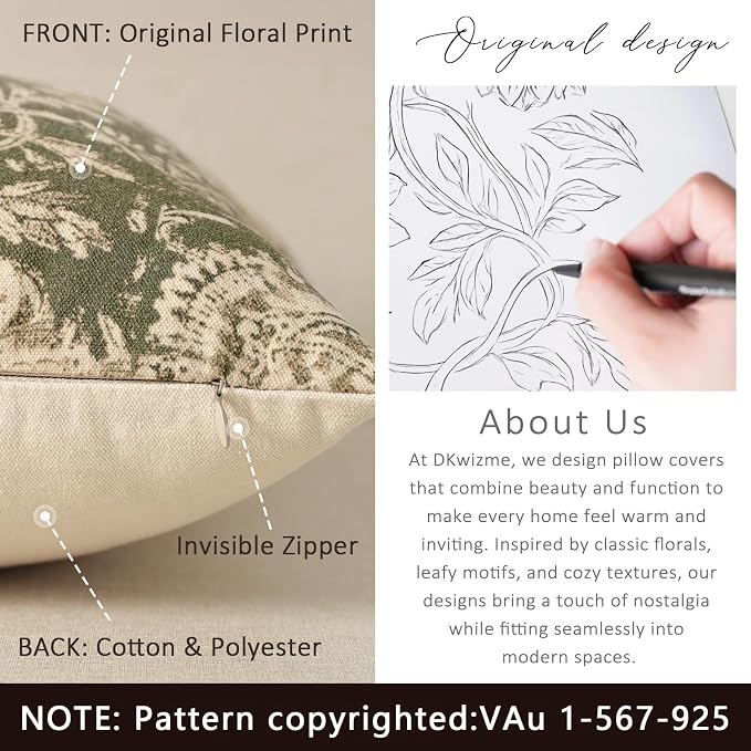 Vintage Floral Print Throw Pillow Covers 20x20 Set of 2 Neutral Modern Farmhouse Pillowcase Accent Decorative Cushion Covers Boho Home Decor for Couch Sofa Chair Bed Living Room, Olive Green