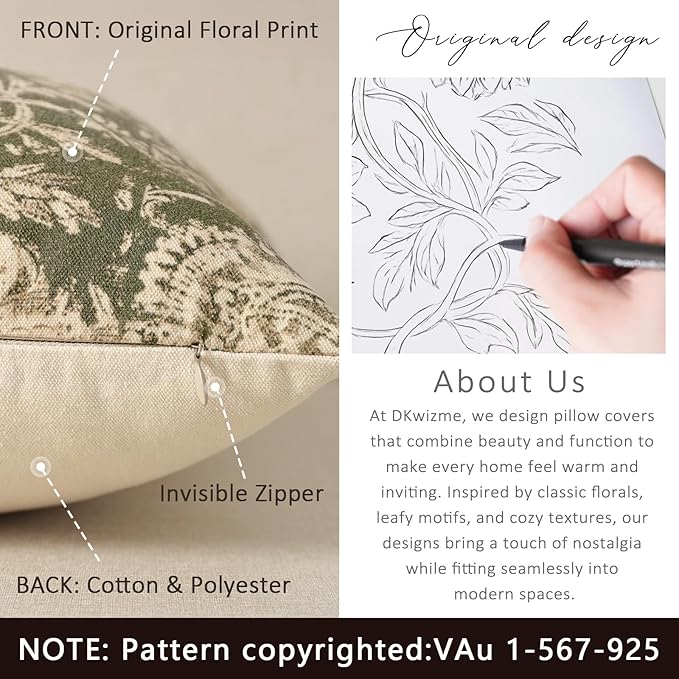 Vintage Floral Print Throw Pillow Covers 26x26 Set of 2 Neutral Modern Farmhouse Accent Decorative Cushion Covers Boho Home Decor for Couch Sofa Chair Bed Living Room, Olive Green