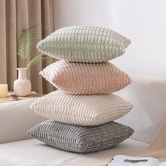 MIULEE Corduroy Decorative Throw Pillow Covers 18x18 Light Green Pack of 2 | Soft Boho Striped Pillow Covers Modern Farmhouse Home Decor For Sofa Living Room Couch Bed