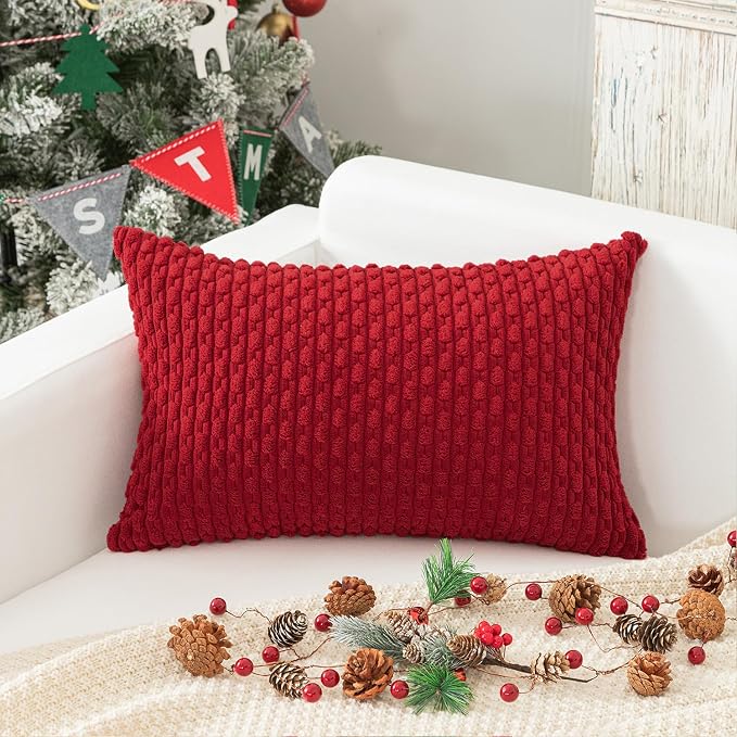 Kevin Textile Soft Corduroy 12"x20" Lumbar Pillow Cover 1 Pack, Red | Boho Stripe Plush Corduroy Decorative Oblong Cushion Cover Modern Farmhouse Home Decor for Sofa Couch Bed Chair