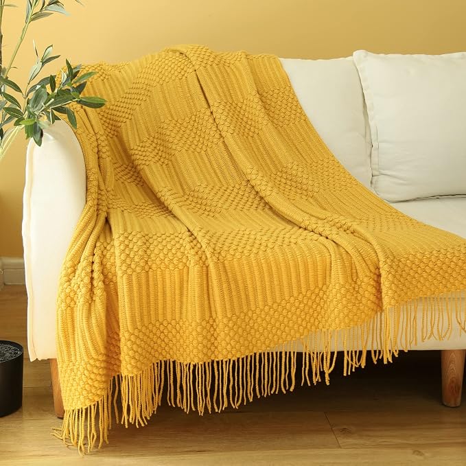 Blagic Soft Knitted Throw Blanket for Couch and Bed,Yellow,60"x80" | Lightweight and Cozy,Farmhouse Boho Blanket with Tassel,Decorative for Living Room,Gifts for Adults,All Season Use