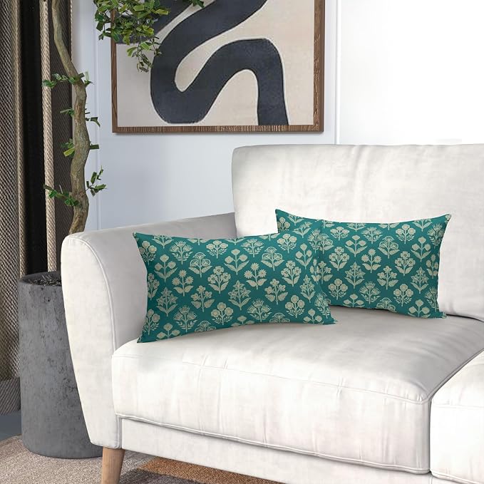 Teal Pillow Covers 12x20 Inch Set of 2, Cream Floral Block Print Pattern Lumbar Decorative Throw Pillowcases Outdoor Farmhouse Rectangle Cushion Covers Spring Summer Sofa Couch Bed Decor