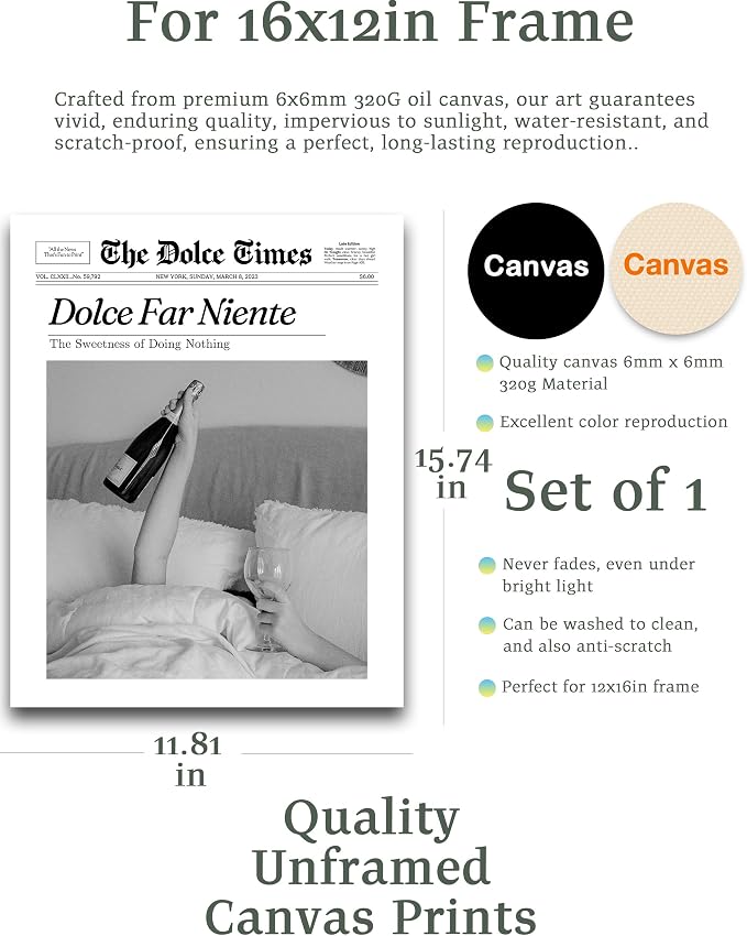 iHery 12x16in Dolce Far Niente Unframed Newspaper Wall Art | Unframed Canvas Print, The Sweetness of Doing Nothing Decor for Bedroom 1Pack