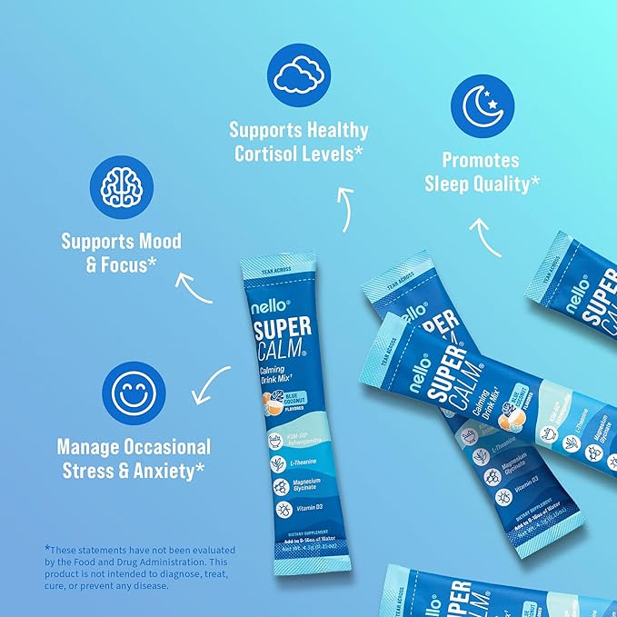 Nello Supercalm Powdered Drink Mix, Blue Coconut, L Theanine, Ksm-66 Ashwagandha, Magnesium Glycinate, Vitamin D 3, Supplements for Relaxation & Focus, No Sugar, Non GMO, On The Go, 20 Srvgs