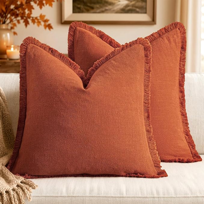MIULEE Linen Decorative Fall Euro Throw Pillow Covers Burnt Orange 22x22 | Set of 2, Cottagecore Decor, Boho Farmhouse Neutral Fringe Pillow Covers, Rustic Fall Couch Cushion for Sofa Bed Living Room