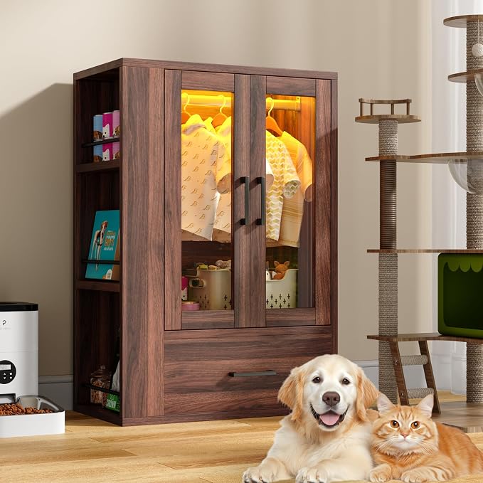 kepptory Pet Wardrobe Closet with LED Light, Side Storage Shelves & Drawer, Walnut Pet Clothes Organizer Cabinet with Hanging Rod, Multi-Functional Pet Closet for Dogs & Cats Clothing, Toys | Walnut Pet Clothes Organizer Cabinet with Hanging Rod, Multi...
