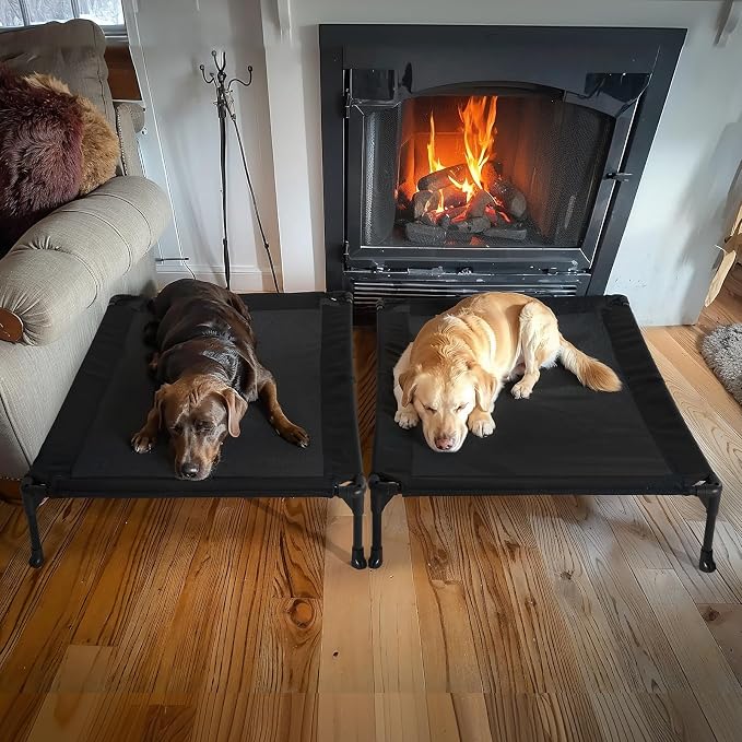 Veehoo 2 Pack Outdoor Elevated Dog Bed for Large Dogs, Cooling Raised Cots | Off-ground training platform, portable camping hammock, breathable mesh, easy to clean, no-tool setup, 42"x30", Black