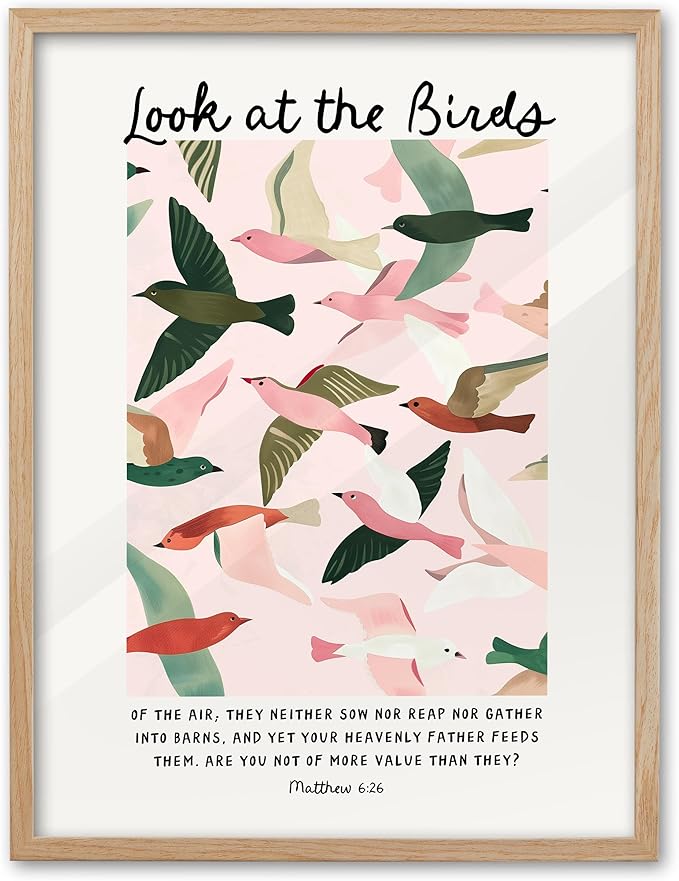 EcoHest 12x16 in Matthew 6:26 Look at the Birds Framed Christian Wall Art | Natural Oak Wood Frame with Canvas Wall Art, Scripture Bible Verse Wall Decor for Bedroom, Living Room, Office, Church, 1Pack